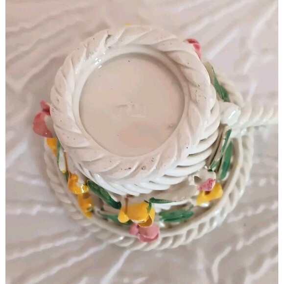 Vtg Italian Porcelain Basket Weave Candle Holder Capodinonte Style Hand Painted - Picture 6 of 9